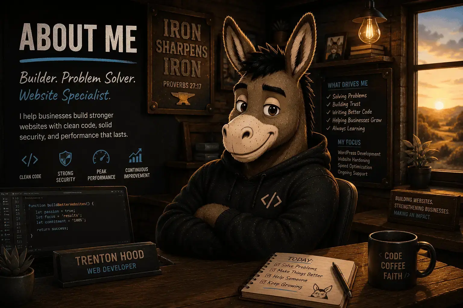 About Me Hero Illustration – Trenton Hood Web Developer Portfolio Illustrated donkey web developer in a warm workspace representing web development, website security, SEO, and continuous improvement