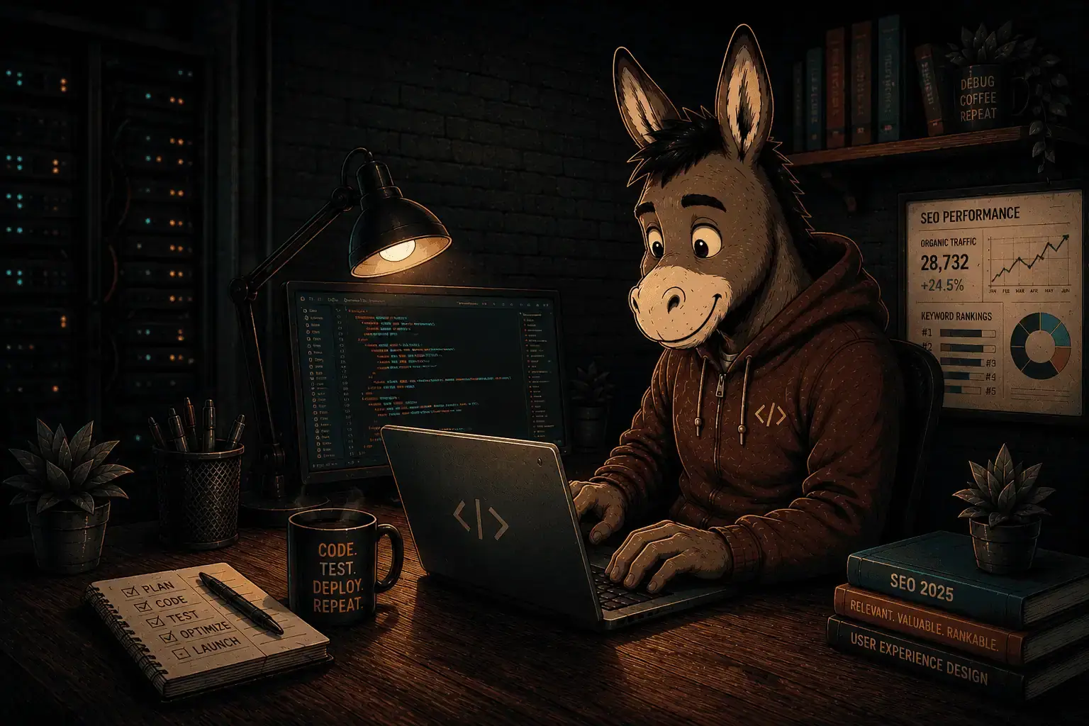 Illustrated Donkey Web Developer Hero Image Illustrated donkey web developer working at a computer in a modern dark coding and SEO workspace