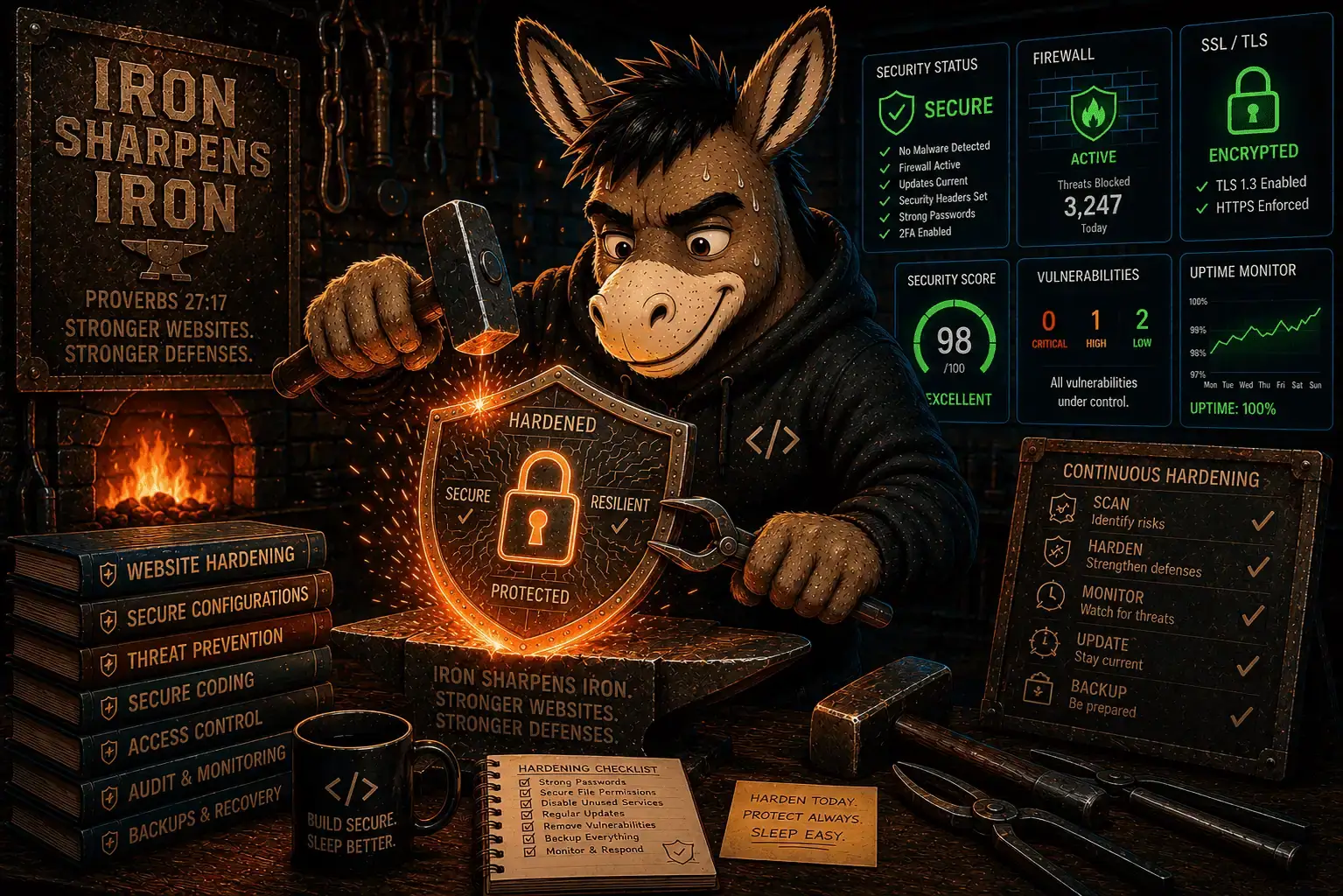 Website Hardening & Cybersecurity Illustration – Trenton Hood Portfolio Illustrated donkey forging a glowing cybersecurity shield in a dark workshop representing website hardening and digital protection